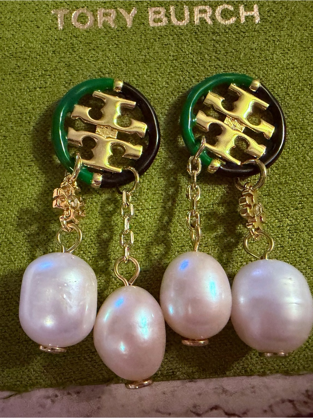 Tory Burch Green and Black Logo Pearl Drop Earrings with Gold Accents